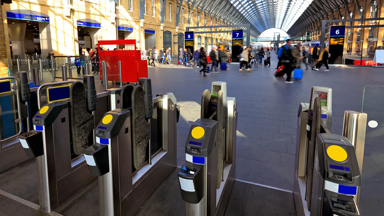 Turnstiles at a transit station. 