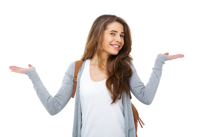 Student with arms raised shoulder shrug
