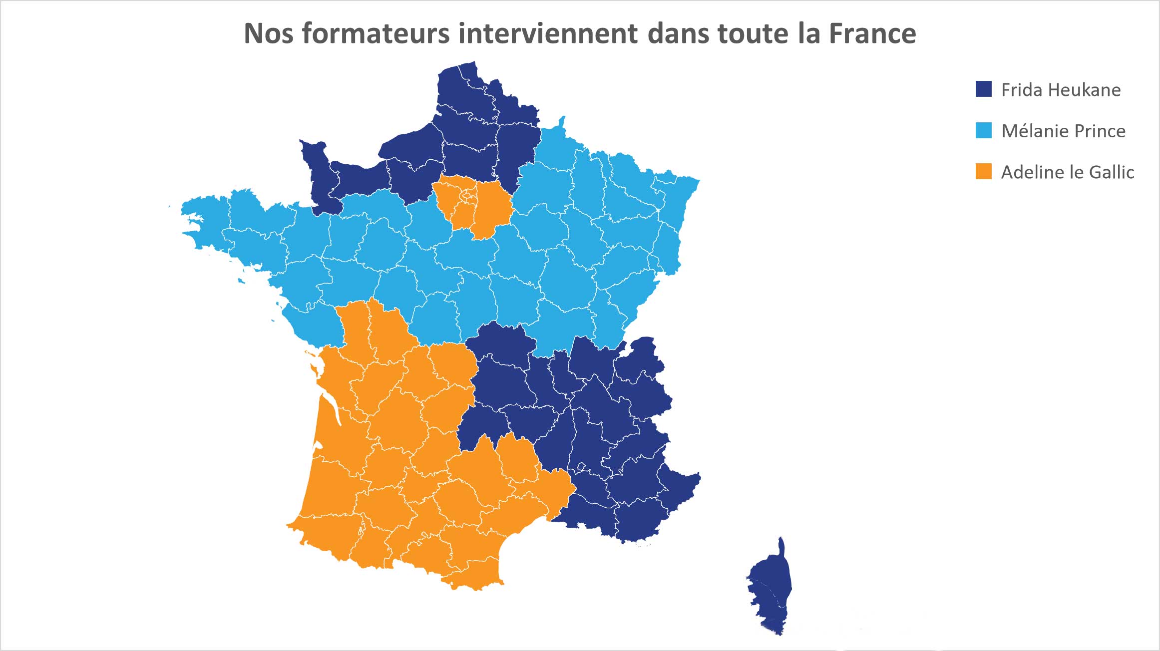 Carte de France avec des couleurs pour representer les regions ou nous offrons des formations